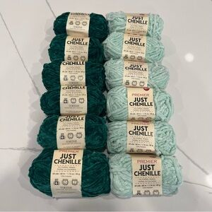 Premier Just Chenille Yarn - Deep Emerald and Mint- lot of 12 NEW